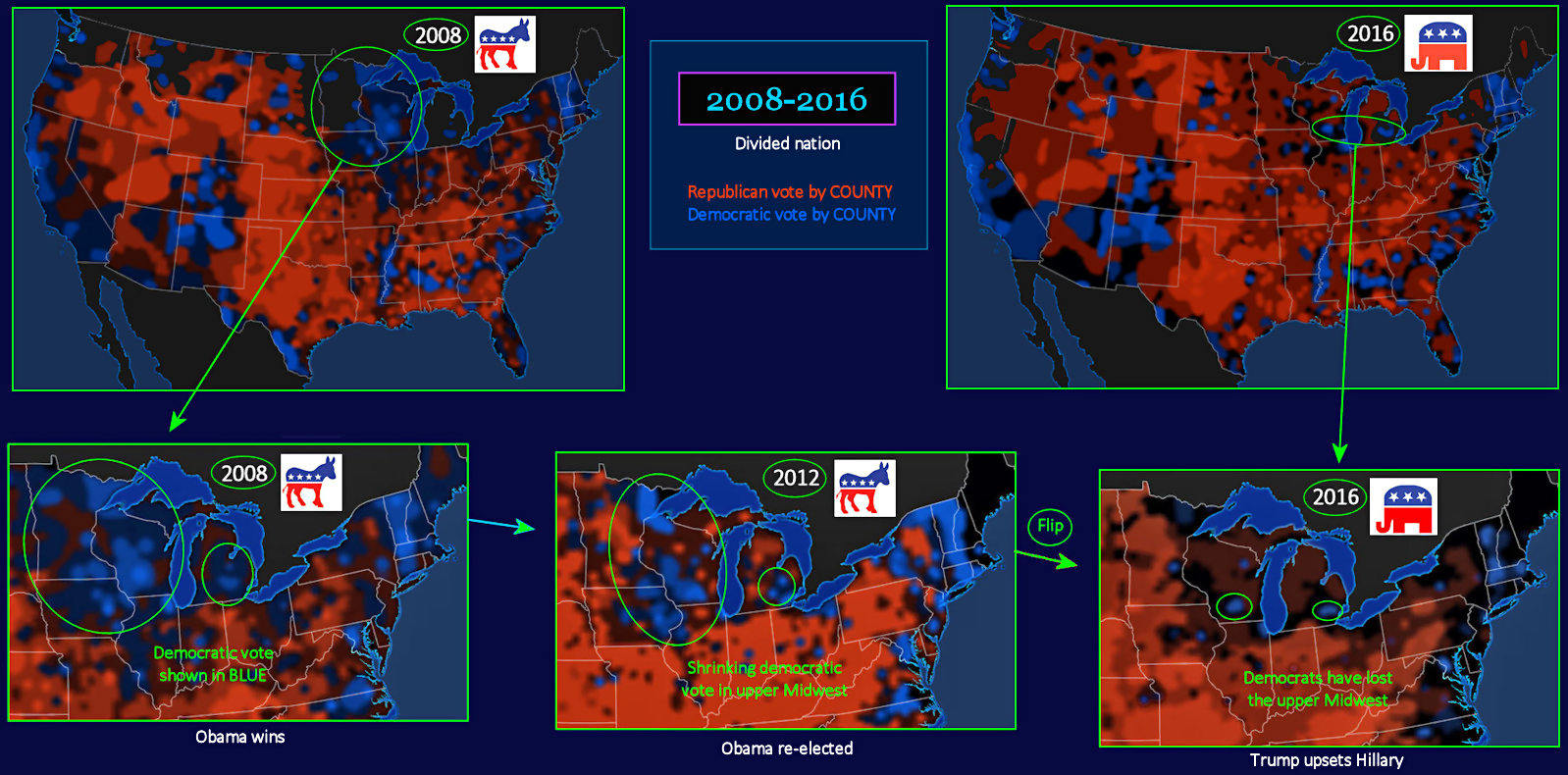 2008-2016 election results by county, maps